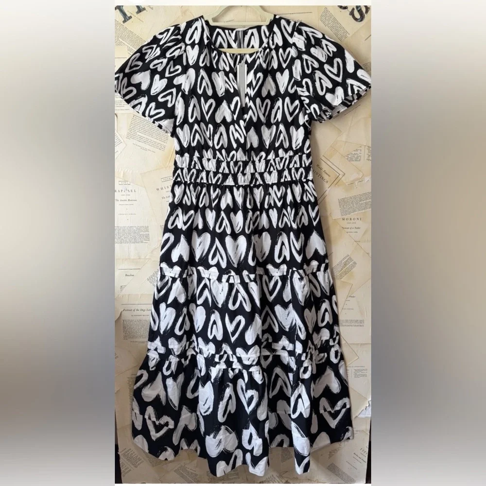 Anthropologie The Somerset Maxi Dress Smocked Heart Edition Poplin Black White - Picture 6 of 7